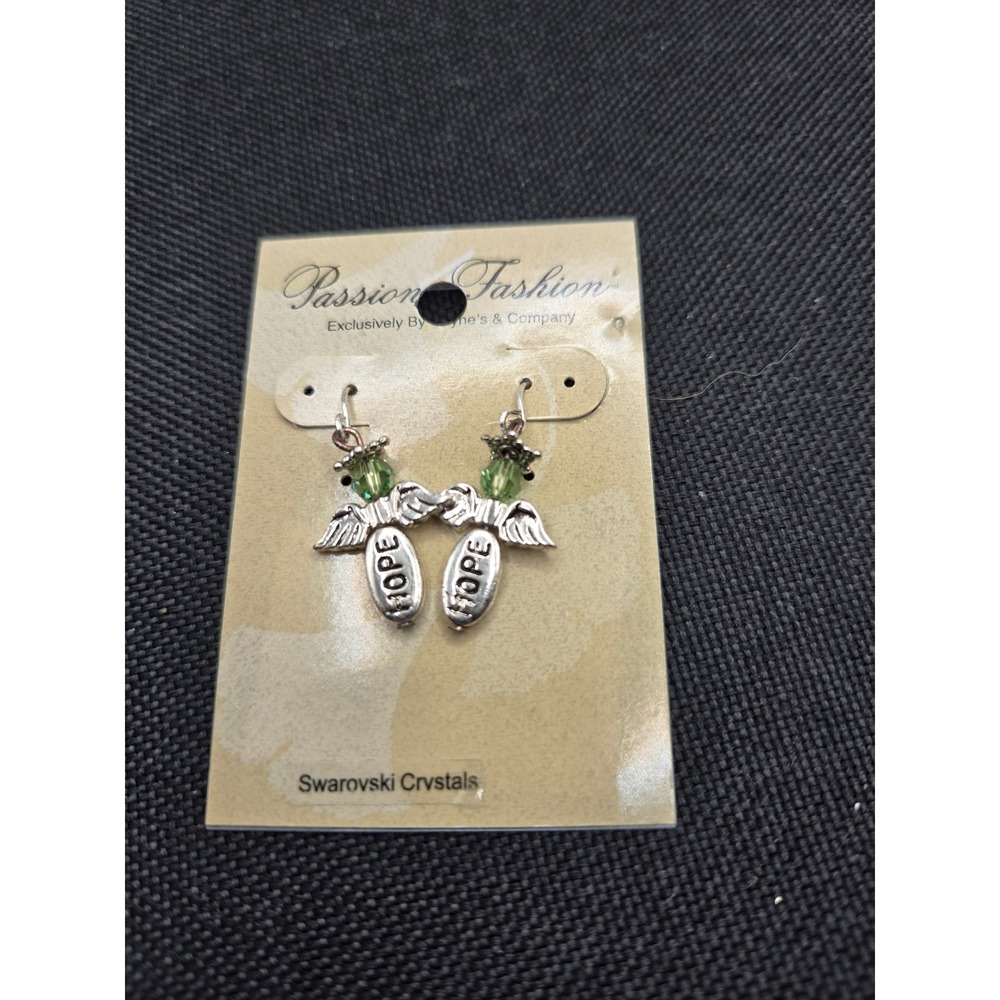 Passion Fashion Silver Hope Angel Earrings with Green Swarovski Crystals PF2106